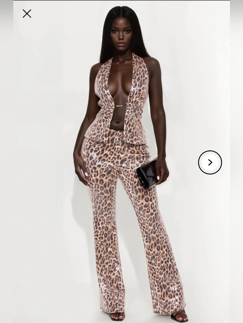 Fashion Nova Womens Sequin Leopard Print Halter Flare Pant Set